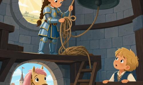 La chevaleresse Lila, fille souriante et concentrée aux cheveux bruns tressés, porte une petite armure bleu clair à détails dorés et tire doucement sur une corde emmêlée pour la démêler; Pompon, cheval mâle au pelage crème et à la crinière rose pâle, attend en bas de la tour et la regarde bienveillant par la fenêtre; un garçon d’environ six ans, cheveux blonds, tient la rambarde du village, surpris et admiratif; l’intérieur de la tour en pierre claire présente de grandes dalles grises, des poutres en bois foncé, une fenêtre ronde laissant passer un rayon de soleil chaud et une grosse cloche en métal patiné suspendue au-dessus — scène simple et calme de courage tranquille.