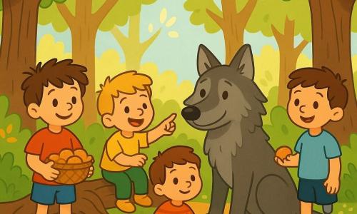 Léo (8 ans) est un garçon avec des cheveux bruns en désordre, un t-shirt rouge et un short bleu, souriant avec un panier de gâteaux. Milo (7 ans), avec des yeux pétillants et des cheveux blonds, porte un t-shirt jaune et un pantalon vert, assis sur une racine d'arbre, riant et pointant le loup. Tom (6 ans), avec un sourire timide et des cheveux châtains, est assis sur une pierre, observant le loup avec curiosité. Max (8 ans), avec des cheveux bruns et une prothèse à la jambe, porte un t-shirt bleu clair et un short noir, debout à côté de Léo avec un gâteau. Le loup, grand avec une fourrure grise, est assis sous un arbre, regard doux et triste, semblant amical. La scène se déroule dans une forêt enchantée avec de majestueux arbres, des fleurs colorées et un pommier chargé de fruits. Les garçons entourent le loup, offrant des gâteaux, créant une atmosphère joyeuse et amicale, montrant que le loup est un ami en quête de gentillesse.