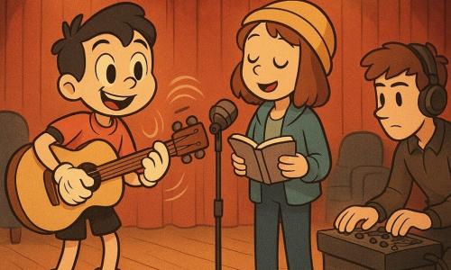 Nino, environ 11 ans, souriant et concentré, tient une guitare acoustique en bois clair et se penche vers un micro ; Lila, environ 12 ans, coiffée d’un bonnet jaune, chante doucement en tenant un petit carnet de paroles à sa droite ; Noé, environ 17 ans, technicien, est accroupi près d’une console avec des écouteurs et ajuste un bouton en les observant ; petite scène de centre culturel aux rideaux rouges poussiéreux, plancher en bois verni, projecteurs ronds suspendus, quelques fauteuils en velours sombres et câbles au sol ; duo en pleine chanson, projecteurs chauds créant des auréoles et fines ondes sonores stylisées ; palette chaude et pastel, traits souples et arrondis, ombres douces et textures grainées pour un rendu rétro, ambiance douce et rassurante.