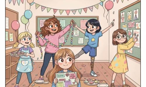 Cinq filles d'environ 7–8 ans dans une grande salle scolaire décorée : Lila (8 ans, cheveux bruns bouclés aux épaules, robe rose à pois, centre gauche) tient une guirlande et sourit ; Mia (7 ans, blonds en couettes, tablier fariné) est à gauche avec un plateau de petits gâteaux en forme de cœur ; Zoé (8 ans, cheveux châtain courts, jambe en bois ornée d'autocollants étoiles, tenue sportive bleue) fait une pirouette à droite de Lila ; Clara (7 ans, cheveux noirs lisses, lunettes rondes, robe jaune tachée de peinture) accroche des dessins au mur en tenant des marqueurs ; Emma (8 ans, longs cheveux châtain clair, pull violet) est légèrement en avant et montre un panneau collé de résolutions colorées. Les murs sont couverts de guirlandes en papier et ballons pastels, un grand panneau en liège est rempli de papiers colorés, une table en bois porte des plateaux de gâteaux et assiettes, il y a confettis au sol et lumière chaude ; elles répètent une danse de Nouvel An et accrochent leurs résolutions, ambiance joyeuse, poses dynamiques, style bande dessinée rond et accueillant adapté aux enfants.
