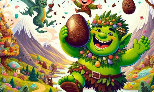 Un ogre gentil nommé Grumpf, avec une peau verte et des cheveux en désordre, sourit au centre de l'image, tenant un gros œuf en chocolat. À ses côtés, Léo, un petit garçon de 8 ans aux cheveux dorés, saute de joie entouré de confettis chocolatés. En arrière-plan, un dragon aux écailles brillantes se tient près d'un nuage géant, souriant. Le décor est une montagne colorée avec des arbres souriants et des fleurs dansantes, tandis qu'un nuage déverse des gouttes de chocolat. Grumpf et Léo célèbrent la découverte de l'œuf de chocolat, entourés de rires et de joie, prêts à fêter ensemble dans un cadre féerique.