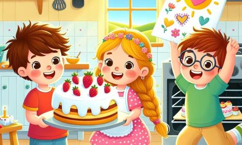 Trois personnages principaux sont présents : Léo, un garçon de quatre ans avec des cheveux bruns en désordre, un t-shirt rouge et un short bleu, souriant avec un grand gâteau décoré de crème et de fraises. À ses côtés, Mia, une petite fille de quatre ans avec de longs cheveux blonds tressés, en robe rose à pois, montre un dessin coloré d'un cœur et de fleurs. Enfin, Tom, un garçon de quatre ans avec des cheveux châtains et des lunettes rondes, porte un t-shirt vert et un pantalon beige, sautant de joie avec un rouleau de papier cadeau. La scène se déroule dans une cuisine ensoleillée avec des murs jaunes, des ustensiles éparpillés et un four refroidissant avec un gâteau à l'intérieur. Les trois amis préparent une surprise pour la fête des mères, riant et s’amusant en emballant le gâteau et en montrant leurs dessins créatifs.