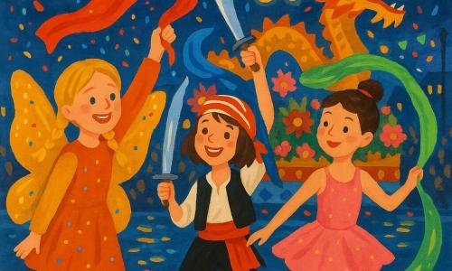 Trois filles de 9 ans dansent sur un quai de port la nuit : Léa, blonde en tresses en costume de papillon aux ailes dorées à gauche, agite un foulard rouge laissant des traînées de confettis ; Emma, châtain aux cheveux courts au centre, déguisée en pirate avec bandana rayé et sabre en plastique, lève un foulard bleu ; Sarah, brune en chignon à droite, porte une robe de danseuse étoile rose pailletée et tournoye avec un foulard vert qui dessine des courbes lumineuses ; derrière elles, lampions et guirlandes, chars fleuris et un grand dragon doré, confettis multicolores et foule applaudissante créent une ambiance joyeuse et pétillante.