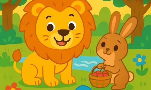 Un lion majestueux avec une crinière dorée se tient au centre d'une clairière, souriant avec gentillesse. À ses côtés, un petit lapin brun admire le lion, tenant un panier de baies. Plus loin, une tortue bleue avance lentement, sereine. La clairière est baignée de lumière dorée, entourée d'arbres aux feuilles vertes et de fleurs colorées. Un ruisseau scintillant ajoute une mélodie apaisante. Le lion, le lapin et la tortue se préparent à traverser le ruisseau ensemble, unis par leur amitié, tandis qu'une fleur-lanterne brille dans l'herbe, promettant des souhaits et des aventures.