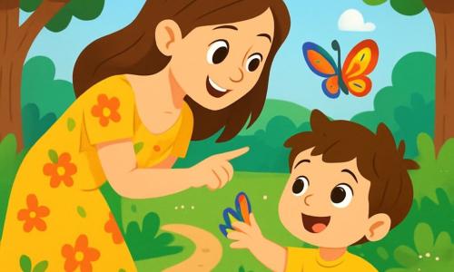 Un garçon de 4 ans, Léo, avec des cheveux bruns en désordre et des yeux curieux, se tient dans une réserve naturelle. Il porte un t-shirt jaune et un short bleu, émerveillé par un papillon coloré. À ses côtés, sa maman, une femme d'environ 30 ans aux longs cheveux châtains, lui montre le papillon avec enthousiasme. Le décor est une forêt verdoyante avec de grands arbres, des fleurs colorées et un ciel bleu. Léo tend la main vers le papillon, tandis que sa maman l'encourage à apprécier la beauté de la nature.