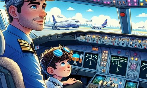 Un pilote d'avion d'une trentaine d'années, fier et concentré, se trouve dans le cockpit, portant une casquette avec des ailes argentées et une chemise bleue. À ses côtés, Lucas, un garçon de 10 ans aux cheveux bruns en bataille, observe attentivement les instruments, émerveillé. Le cockpit est rempli de lumières et de boutons, avec une vue sur la piste d'atterrissage. Ils se préparent au décollage, une alarme retentissant, tandis que Lucas admire le calme du pilote qui gère la situation alors que l'avion roule sur la piste.