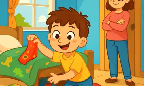 Un garçon de 6 ans, Lucas, aux cheveux bruns en bataille et aux yeux curieux, est accroupi dans sa chambre, souriant avec détermination. Il porte un t-shirt jaune et un short bleu, tenant une chaussette poisson rouge. Sa maman, souriante et d'environ 30 ans, avec des cheveux châtains et des lunettes rondes, l'observe tendrement, les bras croisés. La chambre est colorée, avec des murs bleus, des jouets au sol, un lit à motifs de dinosaures et une fenêtre laissant entrer la lumière. Lucas fouille sous son lit, entouré de jouets, à la recherche de sa chaussette perdue, créant une ambiance joyeuse et dynamique.