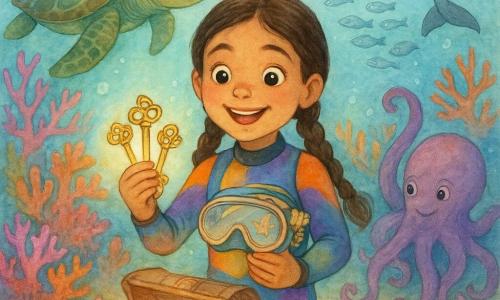 Fille de 8 ans émerveillée, cheveux bruns en deux tresses, souriante et portant une combinaison de plongée colorée, tenant trois clés scintillantes et touchant délicatement un masque orné de coquillages ; une grande tortue verte à gauche l'observe avec bienveillance, une pieuvre violette à droite dessine des motifs dans le sable près d'une perle brillante, un dauphin gris souriant saute au-dessus d'un banc de petits poissons argentés ; le décor est un jardin de corail foisonnant (coraux roses, orangés et pourpres, anémones, rayons de lumière, bulles et poissons multicolores) ; la fille est au centre d'un coffre ancien ouvert d'où s'échappe une lumière nacrée, les trois clés réunies et ses amis marins entourant la scène, atmosphère magique et douce, palette aquarelle pastel avec contrastes vifs sur les coraux.