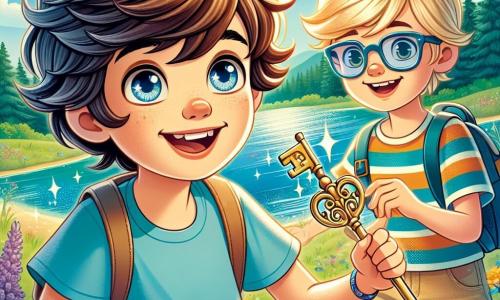 Maxime, un garçon de 11 ans aux cheveux bruns en bataille et aux yeux curieux, se tient au bord d'un lac scintillant. Il porte un t-shirt bleu et un short beige, et affiche une joie contagieuse en tenant une clé dorée, prêt à découvrir un trésor caché. À ses côtés, son ami Hugo, également âgé de 11 ans, a des cheveux blonds et des lunettes de soleil, vêtu d'un t-shirt à rayures colorées. Ils sont entourés de fleurs sauvages et de papillons, créant une atmosphère magique. En arrière-plan, une forêt verdoyante et un ciel bleu avec des nuages blancs complètent le décor. Maxime et Hugo sont excités et prêts pour une aventure, symbolisant l'amitié et la magie des anniversaires.