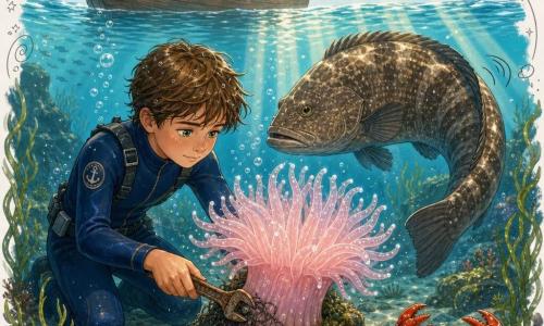 Garçon de 10 ans en combinaison de plongée bleu marine, cheveux mouillés, tenant une petite clé anglaise rouillée, agenouillé sous l'eau en train de dégager délicatement un filet coincé à la base d'une rare anémone rose pâle translucide accrochant à une pierre couverte d'algues ; une grand-mère d'environ 68 ans au visage doux observe depuis une petite barque en bois avec une lampe étanche posée près d'elle, un crabe rouge curieux pince une pierre voisine, un imposant mérou brun-gris tourne en cercle pour protéger l'anémone ; fond marin rocheux près d'un rocher central, eau claire avec rayons de soleil, herbes marines ondulantes, bulles et petites étoiles de mer, ambiance intime et lumineuse.