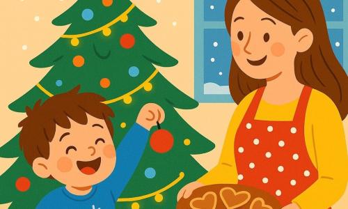 Un petit garçon de 4 ans, Martin, avec des cheveux bruns en bataille et un sourire éclatant, accroche une boule rouge sur un sapin de Noël. Il porte un pull bleu avec des flocons de neige. Sa maman, une femme d'environ 30 ans avec de longs cheveux châtains, se tient à côté de lui, tenant un plateau de biscuits en forme de cœur et portant un tablier rouge à pois blancs. Le salon est décoré d'un grand sapin illuminé, rempli de guirlandes scintillantes et de boules colorées. Des flocons de neige tombent doucement à l'extérieur, créant un paysage féerique. Martin rit en secouant une clochette dorée trouvée sous le sapin, tandis que sa maman l'encourage avec tendresse.