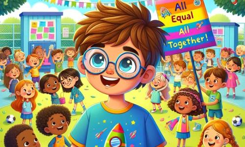 Léo, un garçon de 10 ans, se tient au centre de la cour de récréation avec un grand sourire. Il a des cheveux bruns en bataille, des lunettes rondes et porte un t-shirt bleu avec un dessin de fusée. Excité, il explique l'importance de l'égalité des genres à ses camarades. À ses côtés, sa meilleure amie Emma, 9 ans, avec des cheveux blonds tressés et une robe colorée, l'écoute attentivement en tenant une affiche 