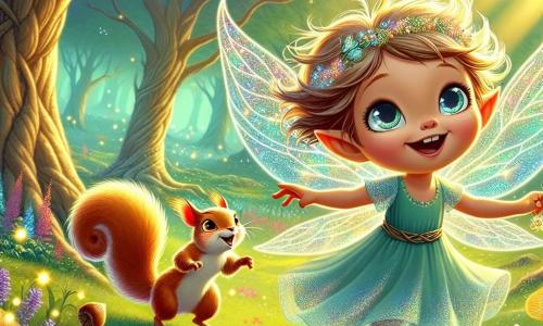 Lila, une petite sylphide aux ailes translucides et iridescentes, vole joyeusement au-dessus d'une clairière lumineuse, son visage rayonnant de curiosité. Ses yeux pétillants brillent comme des étoiles, et ses cheveux flottent dans le vent, tandis qu'elle tient un panier rempli de noisettes scintillantes. À ses côtés, Éclat, un écureuil aux poils dorés, grimpe sur une branche, prêt à l'aider dans leur quête. La scène se déroule dans la Forêt des Murmures, où de majestueux arbres aux troncs noueux s'élèvent vers le ciel, leurs feuilles scintillant sous la lumière du soleil. Lila et Éclat cherchent des noisettes brillantes pour le Grand Festin des Luminescents, entourés d'une atmosphère enchantée et lumineuse, remplie de joie.