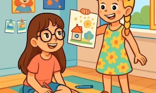 Alice, une fille de 10 ans aux longs cheveux bruns et lunettes rondes, est assise sur un tapis coloré, entourée de feutres et de feuilles de papier, avec un sourire joyeux. Zoé, également âgée de 10 ans, a des cheveux blonds en tresses et des lunettes de soleil sur la tête, portant une robe à fleurs. Elle se tient à côté d'Alice, tenant un dessin, les yeux pétillants d'excitation. La scène se déroule dans une chambre d'enfant lumineuse, décorée de posters et de photos, avec un grand tapis coloré au sol et une fenêtre ouverte laissant entrer la lumière. Alice et Zoé dessinent ensemble, riant et partageant des idées, tandis qu'un jeu de société est posé à côté d'elles, symbolisant leur choix de passer du temps sans écran.