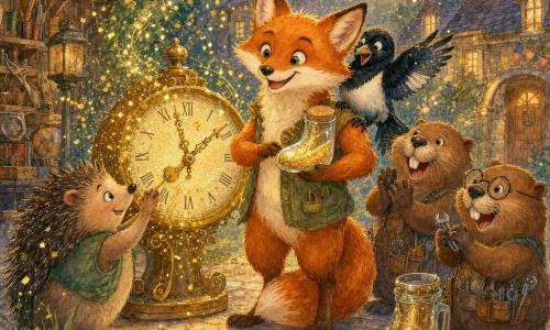 Milo, renard inventeur au pelage roux et à la grande queue touffue, se tient au centre, souriant, tenant une pantoufle-bocal en verre remplie de sable doré scintillant, regardant l’horloge avec fierté; Coco la pie, plumes noires et blanches irisées, perchée sur son épaule gauche, est surprise et ravie, parsemée de paillettes dorées; Gaston et Riton, deux castors ronds et souriants — l’un moustachu, l’autre portant des lunettes rondes — sont à droite, mains pleines d’outils auprès d’un bocal-pantoufle transformé, riant et applaudissant; Arsène le hérisson, petit et timide mais heureux, est à gauche au premier plan, ajustant deux aiguilles brillantes sur l’horloge avec des piquants saupoudrés de paillettes. La scène se déroule dans une cour de village pittoresque au crépuscule, pavés irréguliers, lampions en papier, atelier en bois aux étagères d’objets étranges et herbe bordant les pierres, tandis que l’horloge de sable doré s’active et projette des confettis lumineux; les aiguilles semblent danser et tous rient dans une atmosphère chaleureuse et fantaisiste. Style aquarelle douce, couleurs chaudes, contrastes légers, textures fluides et traits délicats, composition centrée et lisible pour enfants.