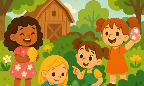Quatre petites filles de 6 ans se tiennent dans un jardin ensoleillé. Lola, aux cheveux bruns et bouclés, porte une robe rose et tient un œuf doré. Emma, aux cheveux blonds, est accroupie avec un œuf bleu clair. Zoé, avec des cheveux châtains en couettes et une salopette verte, montre un œuf vert dans un buisson. Mia, aux cheveux roux, lève les bras avec un œuf rose. Le jardin est rempli de fleurs colorées et d'arbres, créant une ambiance magique. Les filles chassent des œufs de Pâques, pleines d'excitation et de rires.
