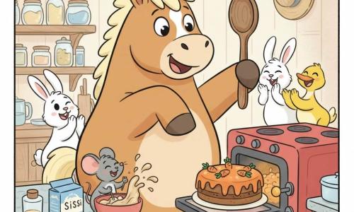 Un cheval joyeux et surpris, grand et rondouillet à la robe brun clair et crinière crème, debout sur ses pattes arrière en tenant une grande cuillère près d'un énorme gâteau aux carottes orange vif ; la petite souris Sissi, toute grise et mignonne, sur une boîte de farine bat la pâte avec énergie ; en arrière-plan un lapin blanc curieux et un canard jaune applaudissent autour d'un four ancien rouge dans une cuisine chaleureuse et colorée aux murs en bois clair, plan de travail en pierre, placards ouverts et bocaux, ambiance conviviale et enfantine avec éclaboussures de pâte, rires, couleurs douces et contours arrondis.
