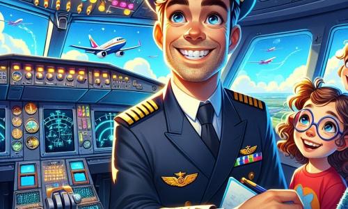 Le Capitaine Marc, souriant et confiant, porte un uniforme de pilote bleu marine avec des épaulettes dorées. Ses cheveux bruns sont coiffés, et ses yeux pétillent d'excitation dans le cockpit d'un avion, entouré de boutons et d'instruments. À ses côtés, Emma, 10 ans, avec des cheveux bouclés et des lunettes rondes, observe le tableau de bord, prête à prendre des notes. Lucas, 9 ans, en t-shirt rouge et chapeau de pilote en papier, écoute attentivement. Le cockpit est lumineux avec de grandes fenêtres offrant une vue sur un ciel bleu et des nuages blancs. Le Capitaine explique comment il va décoller, tandis qu'un message du contrôle aérien annonce une météo imprévue, ajoutant du suspense à l'aventure.