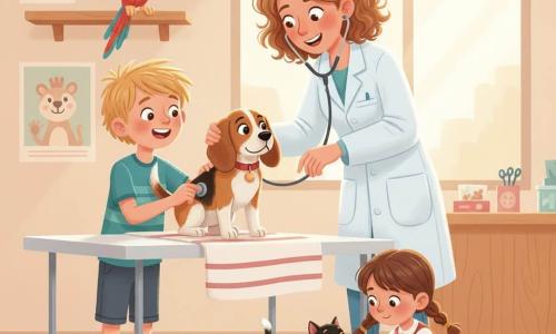 Vétérinaire souriante aux cheveux châtain clair écoutant le cœur d'un petit chien brun clair nommé Max sur une table pendant qu'un garçon d'environ 8 ans tient l'autre embout du stéthoscope et qu'une fillette de 6 ans, en robe à pois, tend une assiette à un chaton noir; un perroquet coloré sur une étagère, clinique lumineuse au sol carrelé et comptoir en bois clair, ambiance chaleureuse, sécurisante et vivante, palette pastel douce adaptée à une couverture d'album jeunesse.