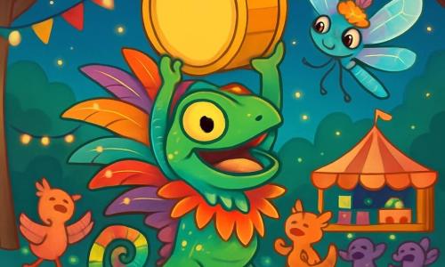 Piko, un jeune caméléon aux écailles brillantes, se tient sur une scène de carnaval, son costume de plumes et de paillettes scintillant sous les lumières. Il sourit avec fierté, tenant un grand tambour doré. À ses côtés, Lila, une libellule aux ailes irisées, vole joyeusement autour de lui, portant un petit chapeau fleuri. Le décor est une vallée vibrante avec des créatures colorées, des guirlandes lumineuses et des stands de friandises. Piko et Lila célèbrent le succès de leur quête, entourés d'amis dansant et chantant, unis dans la joie du carnaval.
