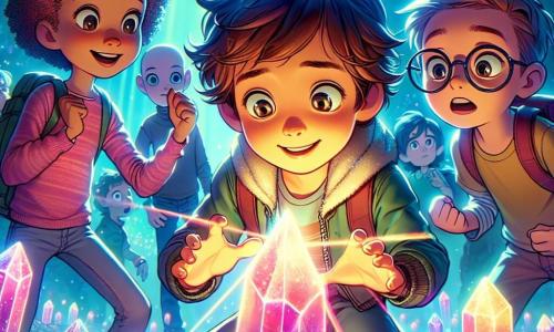 Au centre de l'image, Lucas, un garçon de douze ans aux cheveux bouclés et aux yeux pétillants, s'accroupit, émerveillé, en touchant un cristal d'énergie brillant. À sa droite, Clara, une fille pleine d'énergie avec des tresses, lève les bras en l'air, fascinée par les couleurs éclatantes des cristaux. À gauche, Max, un garçon timide aux lunettes rondes, observe avec curiosité. En arrière-plan, la grotte scintillante est illuminée par des cristaux d'énergie et des stalactites. Les enfants découvrent un extraterrestre amical, Xylo, avec une peau verte et de grands yeux ronds, souriant chaleureusement. Ils s'apprêtent à l'aider à réparer son vaisseau spatial, entourés de cristaux lumineux.