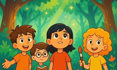 Quatre amis se tiennent dans une forêt enchantée : Lucas, un garçon de 10 ans aux cheveux bruns et curieux, Émilie, une fille de 9 ans aux boucles dorées avec un pinceau, Noah, un garçon de 11 ans avec des lunettes et un carnet, et Sarah, une fille de 10 ans observant les étoiles. La forêt est magique, avec de grands arbres aux feuilles scintillantes et des fleurs colorées. Ils font face à un vieux sage lumineux qui les encourage à surmonter leurs peurs pour réaliser leurs rêves, leurs visages montrant émerveillement et détermination.