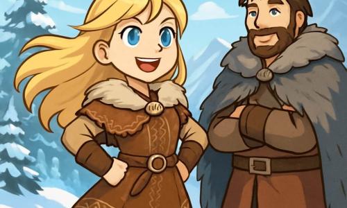 Freya, une jeune femme viking de 18 ans, se tient sur une plaine enneigée, ses longs cheveux blonds flottant au vent. Elle porte une tunique en fourrure marron avec des motifs nordiques et affiche une détermination éclatante. À proximité, Sven, un homme d'une trentaine d'années en cape de fourrure grise, l'observe avec admiration. Le décor est une vaste plaine enneigée bordée de pins givrées, avec des montagnes à l'horizon. Freya et Sven sont en plein duel amical, leurs armes scintillantes s'entrechoquent, tandis que les villageois les regardent avec émerveillement, créant une atmosphère de tension et d'excitation.