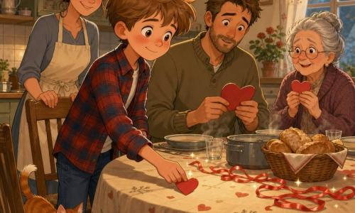 Léo, garçon de 10 ans, timide et souriant, pose une rangée de petits cœurs porte-noms rouges avec prénoms écrits en lettres rondes et petits nœuds sur la table familiale; la maman souriante est derrière la chaise, le papa penché lit un cœur, la voisine Mme Dupuis, émue près de la fenêtre, tient un cœur, et le chat roux Pompon renifle un ruban; la scène se déroule dans une cuisine-salle à manger chaleureuse éclairée d'une lampe jaune, avec nappe à motifs, assiettes fumantes, pain en corbeille et quelques rubans et paillettes éparpillés, les visages montrant surprise et affection.