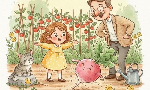 Zoé, 4 ans, joyeuse et émerveillée, cheveux bouclés châtain clair, robe jaune à pois blancs, debout au potager tendant les bras vers un radis géant dansant ; Monsieur Lapin, voisin d’environ 50 ans, moustachu, lunettes rondes, veste en tweed beige, mains sur les hanches, souriant et légèrement penché à sa droite ; Grincheux, chat gris rayé petit et paresseux, posé sur une pierre à sa gauche, l’air surpris mais attendri ; le radis rond et rose pâle avec une touffe de feuilles vertes roule en soulevant un léger nuage de terre comme une petite danseuse ; potager coloré avec sillons bruns, rangées de tomates rouges, courgettes vertes, fleurs jaunes et un arrosoir en métal ancien près d’un tuteur en bois ; lumière douce de fin de matinée, palette pastel avec contours au stylo blanc et éclaboussures de terre, ambiance ludique et chaleureuse.