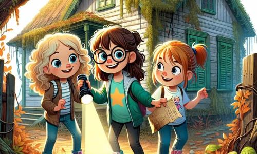 Trois filles de 10 ans, inséparables et curieuses, se tiennent devant une vieille maison abandonnée. Léa, avec ses cheveux blonds bouclés, tient une lampe de poche, Chloé, accroupie, examine un morceau de papier trouvé près de la clôture, et Emma, la plus aventurière, regarde la porte de la maison avec excitation. La maison, en bois avec des volets verts écaillés et une toiture couverte de mousse, est entourée de lianes et de feuilles d'automne, créant une atmosphère mystérieuse. Les rayons du soleil ajoutent une touche de magie. Les amies sont prêtes à découvrir un trésor caché après avoir trouvé une lettre mystérieuse parlant d'un secret enfoui, l'excitation se lisant sur leurs visages.
