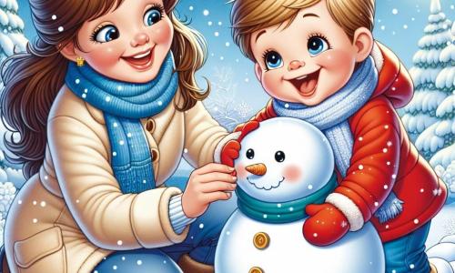 Un petit garçon de 1 an, Petit Louis, construit un bonhomme de neige. Il porte un manteau rouge, une écharpe bleue et des bottes jaunes, riant en soulevant une boule de neige. À côté de lui, sa maman, d'environ 30 ans, l'aide en ajoutant une carotte pour le nez. Le paysage hivernal est enchanteur, avec des arbres enneigés et un ciel bleu. Petit Louis, émerveillé et heureux, crée son bonhomme de neige, encouragé par sa maman dans la magie de l'hiver.