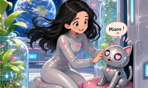 Mila, environ 25 ans, visage rond et souriant, cheveux longs et noirs flottant comme des plumes en apesanteur, tient un petit robot‑chat métallique aux yeux en forme de cœur qu'elle libère d'une porte entrouverte en le caressant, heureuse et rassurée ; le robot, posé sur un coussin, clignote et émet un miaou lumineux. L'intérieur est un vaisseau spatial argenté aux parois lisses, panneaux lumineux bleus et grande fenêtre ronde montrant la Terre et les étoiles ; la pièce contient de grandes plantes aux feuilles larges en pots transparents avec racines visibles et gouttes d'eau scintillantes qui semblent respirer doucement. Palette douce pastel (argent, bleu ciel, vert tendre, touches de rose chaud). Style graphique : traits mangas arrondis, expressions exagérées lisibles pour enfants, contours nets et textures lisses.