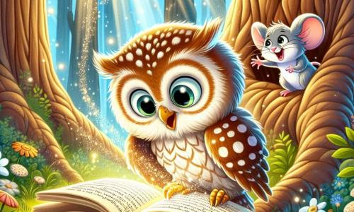 Un hibou nommé Hibo, avec de grands yeux ronds et des plumes brunes tachetées de blanc, regarde émerveillé un vieux livre ouvert devant lui, assis sur une branche. À ses côtés, une petite souris nommée Mimi, au pelage gris et aux grandes oreilles, sourit en pointant le livre. La scène se déroule dans une forêt enchantée avec de grands arbres et des fleurs colorées, où des rayons de soleil créent des motifs lumineux au sol. Hibo découvre un livre magique qui le transporte dans le passé, encouragé par Mimi à explorer les merveilles du temps.