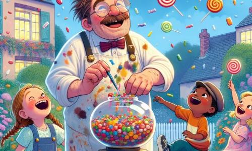 Monsieur Bidou, avec ses cheveux en bataille et ses lunettes rondes, porte une blouse tachée de peinture. Il exprime une grande joie en ajustant les boutons de sa machine à bonbons, la Glouglou-Bonbonnière, qui brille. À ses côtés, Emma, une petite fille de 8 ans avec des tresses, lève les bras pour attraper un bonbon dans les airs. Tom, un garçon de 7 ans avec une casquette à l'envers, saute pour attraper un bonbon flottant. La scène se déroule dans le jardin coloré de Monsieur Bidou, entouré de fleurs vives et de maisons colorées, où des bonbons multicolores s'envolent. L'atmosphère est festive avec des enfants émerveillés autour de la machine à bonbons qui libère des douceurs.