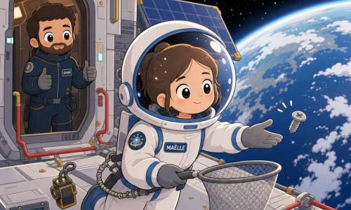 Maëlle, astronaute au visage rond et grands yeux, expression calme et concentrée et léger sourire de soulagement, attrape doucement une petite vis argentée flottante avec un filet gris accroché à sa ceinture, vêtue d'une combinaison spatiale blanche et bleue avec écusson et casque transparent reflétant les étoiles; Amir, homme d'environ 30 ans au visage légèrement barbu et regard bienveillant, se tient à l'entrée du sas derrière elle, légèrement à gauche, gestes d'encouragement, en combinaison sombre; en arrière-plan la Terre bleu profond avec nuages, courbure nette et halo atmosphérique; lieu extérieur d'une station spatiale métallique aux panneaux gris texturés, vis jaunes, rails et cordes de sécurité rouges et petits instruments, étoilé sur fond noir; scène sereine où Maëlle récupère la vis dans un mouvement lent et précis, tension dissipée, ambiance douce et rassurante, éclairage froid des panneaux solaires mêlé à une lueur chaude de la station; composition en plan moyen légèrement en plongée, centrée sur Maëlle avec Amir et la Terre larges en arrière-plan, style kawaii minimal à formes simples, contours doux et palette apaisante (bleus profonds, blancs, gris, touches de jaune et rouge).