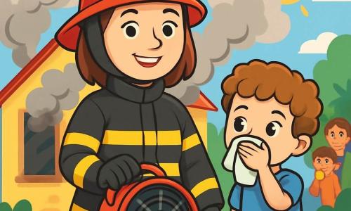 Une femme pompier, Lila, se tient devant une petite maison jaune, son casque rouge brillant au soleil. Elle sourit et semble déterminée, portant une veste noire avec des bandes réfléchissantes et tenant un ventilateur. À ses côtés, un petit garçon d'environ 7 ans, aux cheveux bouclés, l'admire tout en imitant son geste de protection avec un mouchoir. La maison dégage de la fumée par les fenêtres, tandis que des voisins curieux observent la scène. Lila ventile la maison pour évacuer la fumée, créant une atmosphère à la fois tendue et pleine d'espoir, éclairée par le soleil.