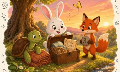 Lapin Pompon, petit lapin blanc aux longues oreilles roses, souriant et émerveillé, tient devant lui un coffre en bois ouvert; Tortue Lente, tortue verte à carapace brune, calme et bienveillante, est assise à gauche et pose une patte sur une couverture douce; Renard Ruse, renard roux aux yeux malicieux mais gentils, se tient à droite, tenant un caillou marqué d'un 3; un petit papillon jaune vole au‑dessus du coffre; la scène se déroule au sommet d'une colline herbeuse sous un grand chêne aux racines visibles, des fraises rouges bordent le sentier et un ruisseau scintille en contrebas; ciel de fin de journée aux tons orange et rose, lumières douces et longues ombres; les amis sont rassemblés autour d'un coffre rempli de graines, d'une vieille couverture et de chansons notées sur un parchemin, prêts à partager le trésor.