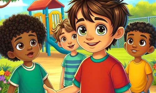 Un garçon de 7 ans, Lucas, souriant, se tient au centre de l'image, portant un t-shirt rouge et un short bleu, tendant la main à un nouvel ami. À sa droite, Samir, également âgé de 7 ans, avec une peau marron et des cheveux noirs bouclés, sourit et est prêt à jouer, vêtu d'un t-shirt vert et d'un pantalon beige. À gauche, Malik, un autre garçon de 7 ans avec une peau plus foncée et des cheveux crépus, se tient en retrait, curieux, portant un t-shirt jaune et des shorts en jean. La scène se déroule dans un parc ensoleillé avec des arbres et des fleurs, où Lucas et Samir accueillent Malik, illustrant l'importance de l'amitié et de la tolérance.