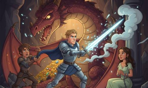 Sir Alaric, jeune chevalier au regard déterminé, en armure argentée rayée de bleu et cape courte, brandit une épée lumineuse qui frappe le flanc fumant d’un immense dragon rouge iris écailles dorées dans une grotte rocheuse; Gaspard, écuyer d’environ 16 ans aux cheveux en bataille et petite armure de cuir, agrippe l’aile du dragon à gauche du chevalier, essoufflé mais courageux; la princesse Lysandra, assise à genoux près d’un pilier en robe vert pâle déchirée et chaînes brisées, regarde le chevalier avec gratitude; trésor doré entassé derrière le dragon, stalactites, poussière et éclats de lumière, composition centrée sur le sauvetage; style 3D cartoon cel-shading, couleurs vives, contours nets, textures lisses et éclairage contrasté mettant en valeur l’épée et les visages.