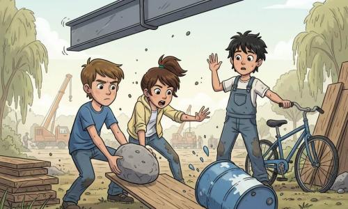 Sur une rive de rivière en chantier au matin, Milo (11 ans, cheveux châtain courts, t-shirt bleu, jean) accroupi à gauche et Lina (11 ans, cheveux bruns en queue de cheval, veste jaune) au centre tirent ensemble une grosse pierre pour détourner un tonneau de peinture qui roule sur une planche inclinée vers le bord, tandis que Jo (11 ans, cheveux noirs en bataille, salopette poussiéreuse) à droite, près d’un vélo, alerte en levant la main et regarde une grosse poutre métallique suspendue qui oscille ; sol humide, saules au bord de l’eau, grue orange et ouvriers flous en arrière-plan, atmosphère tendue, éclaboussures de boue et poussière, lumière douce du matin.