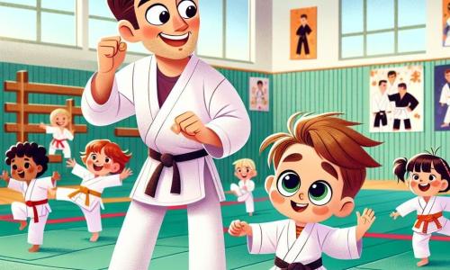 Un petit garçon de 4 ans, Tom, avec des cheveux bruns en bataille et des yeux curieux, porte un kimono blanc trop grand. Il sourit timidement, prêt à sauter au-dessus d'une ligne rouge sur le tatami. À côté de lui, Monsieur Max, un homme souriant d’environ 30 ans avec une ceinture noire, l’encourage. Le dojo est lumineux, avec des murs en bois clair et des tatamis verts, décoré d'affiches de karaté. Tom prend son élan, les jambes fléchies, tandis que ses amis l'encouragent joyeusement. L'atmosphère est énergique et conviviale, illustrant la joie du sport et le courage d'essayer.