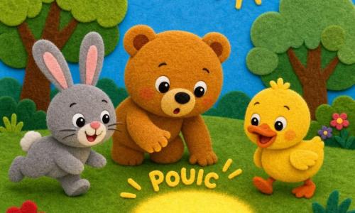 Petit ours rond au pelage miel, regard curieux, tend une patte vers une grosse tache lumineuse sur l'herbe; à gauche, un lapin gris trottine en souriant vers la tache; à droite, un canard jaune près de la tache, onomatopée 