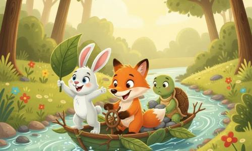Renard anthropomorphe orange à la queue touffue, malicieux, tenant un gouvernail en bois à l'avant d'un bateau artisanal en branches et grandes feuilles, accompagné d'un lapin blanc aux grandes oreilles agitant une feuille comme voile et d'une tortue verte à la carapace brune posant des cailloux à l'arrière pour stabiliser la coque, naviguant sur un ruisseau étroit dans une clairière ensoleillée aux eaux scintillantes, berges de galets, herbes et fleurs, ambiance complice et joyeuse, couleurs vives, formes simples et contours nets, composition en plan trois-quarts, arrière-plan doux sans texte.