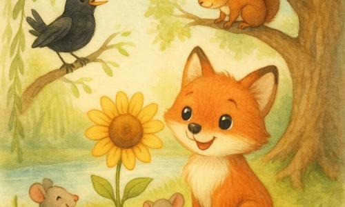Un petit renard roux aux yeux ronds et pelage soyeux sourit en regardant une grande fleur éclore, assis la queue enroulée autour des pattes; un merle noir au bec jaune est perché à gauche sur une branche, chantant avec les ailes légèrement entrouvertes; un écureuil roux, la queue en panache, observe la fleur depuis une branche au-dessus; une petite souris grise est assise près du renard, timide et heureuse. En arrière-plan, un étang miroitant, herbe verte, saules pleureurs et un vieux chêne à droite dont les racines forment un monticule. Matin de printemps lumineux, lumière douce et dorée, atmosphère calme et joyeuse; la fleur centrale attire tous les regards; couleurs pastel aquarelle, lavis délicats et texture de papier visible.