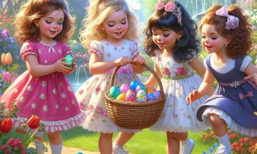 Dans un jardin ensoleillé, quatre petites filles de cinq ans chassent des œufs de Pâques. Chloé, aux cheveux bruns et bouclés, saute de joie avec un panier rempli d'œufs colorés. Mia, aux cheveux blonds, examine un œuf en chocolat sous une tulipe rouge. Lila, avec des couettes, sourit en montrant un indice trouvé près d'un arbre. Zoé, aux cheveux noirs et frisés, danse près d'une fontaine avec un œuf multicolore. Le jardin est rempli de fleurs éclatantes et de papillons. Les amies s'amusent ensemble dans une ambiance festive de Pâques.