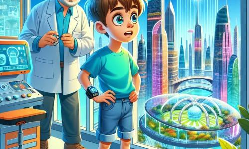 Milo, un garçon de 12 ans aux cheveux bruns en bataille et aux yeux curieux, se tient devant une fenêtre panoramique dans son appartement au centième étage. Vêtu d'un t-shirt bleu et d'un short en jean, il affiche une expression mêlant excitation et inquiétude en regardant la ville futuriste avec ses gratte-ciels et jardins suspendus. À ses côtés, son père, un homme dans la quarantaine portant des lunettes et une blouse de laboratoire, ajuste des outils tout en lui offrant un sourire encourageant. Les murs de l'appartement sont couverts d'écrans interactifs et des plantes grimpent le long des fenêtres. Préoccupé par une alerte concernant les jardins suspendus, Milo se prépare à utiliser sa sphère flottante innovante pour sauver les plantes en danger.