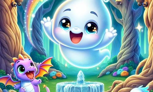 Dans une forêt enchantée, un petit fantôme nommé Lumo flotte joyeusement, ses yeux brillants et son corps translucide émettant une douce lueur. À ses côtés, un petit dragon nommé Flamme, avec des écailles scintillantes, bat des ailes avec excitation. La scène se déroule dans une clairière magique, entourée de grands arbres et de fleurs colorées. Au centre, une fontaine d'eau cristalline brille sous le soleil. Lumo et Flamme s'apprêtent à glisser sur un arc-en-ciel émergeant de la fontaine, riant et remplis de joie et d'amitié.