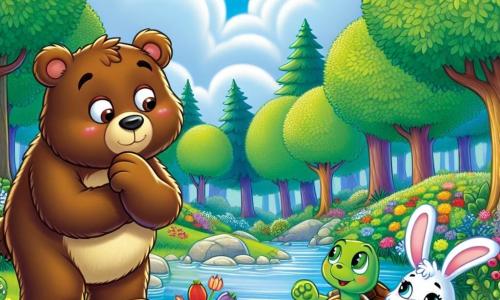 Un ours brun nommé Oscar, avec un pelage doux et des yeux expressifs, se tient au bord d'une rivière, l'air pensif et coupable, les pattes croisées. À ses côtés, un lapin blanc nommé Léo, avec de grandes oreilles et un sourire amical, le regarde avec curiosité. Non loin, une tortue verte nommée Tilly, avec une carapace colorée, écoute attentivement la conversation. La scène se déroule dans une forêt enchantée, avec de grands arbres, des fleurs colorées le long de la rivière et un ciel bleu parsemé de nuages. Oscar avoue à ses amis qu'il a menti sur le rangement de sa chambre, tandis que Léo et Tilly l'écoutent, prêts à lui donner des conseils.