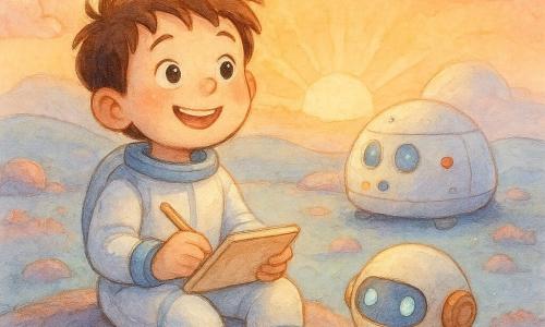 Max, jeune homme au visage rond et cheveux bruns en bataille, sourire émerveillé et yeux grands ouverts, est assis sur une petite colline avec un carnet beige et un crayon, portant une combinaison spatiale blanche et bleue et un casque posé à côté de lui; à droite, un petit robot rond crème et cuivre émet de petites lumières bleues près de la navette ronde blanche aux hublots ronds, le tout posé sur un sol pastel d'une planète aux collines douces, bleu pâle parsemé de touffes de mousse rose et de petites pierres, sous un lever de soleil rose-orangé-doré aux rayons doux qui créent de longues ombres et des reflets chauds; composition centrée, plan rapproché moyen, atmosphère calme et pleine d'émerveillement, rendu en aquarelle légère avec textures de papier et rehauts au stylo gel blanc pour les éclats.