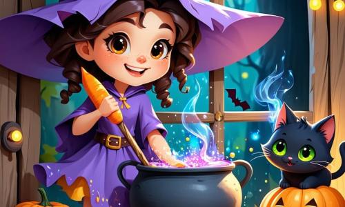 Une petite sorcière nommée Pétunia, avec un chapeau pointu tordu et des cheveux bouclés violets, sourit en tenant une baguette magique en forme de carotte. Ses yeux pétillent d'excitation alors qu'elle mélange une potion dans un chaudron fumant. À côté d'elle, Maurice, un chat noir aux yeux verts, se tient sur le rebord de la fenêtre, riant malicieusement. La scène se déroule dans une salle de classe magique, remplie de livres anciens et de potions colorées, où des éclats de lumière dansent autour d'eux. Pétunia, entourée de fumée rose, vient de créer une potion qui fait rire tout le monde, tandis que les murs sont décorés de dessins de créatures fantastiques et de balais volants, créant une ambiance joyeuse et ensorcelante.